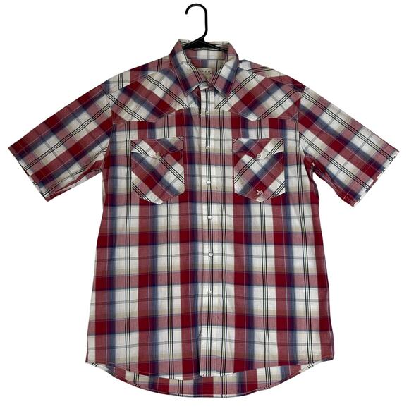 Roper Men’s Short Sleeve Pearl Snap Western Shirt Red Blue Plaid Size L Cowboy - Picture 1 of 9